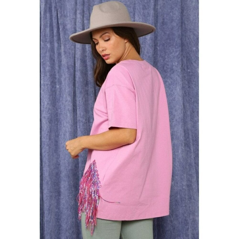 Here for the Fringe Chevron Sequin Top in Lavender - Picture 7 of 10